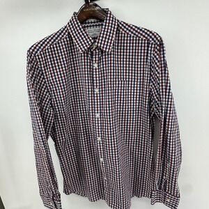 Lucky Brand Mens Large Gingham Button Down Shirt Navy Burgundy White Label Fit
